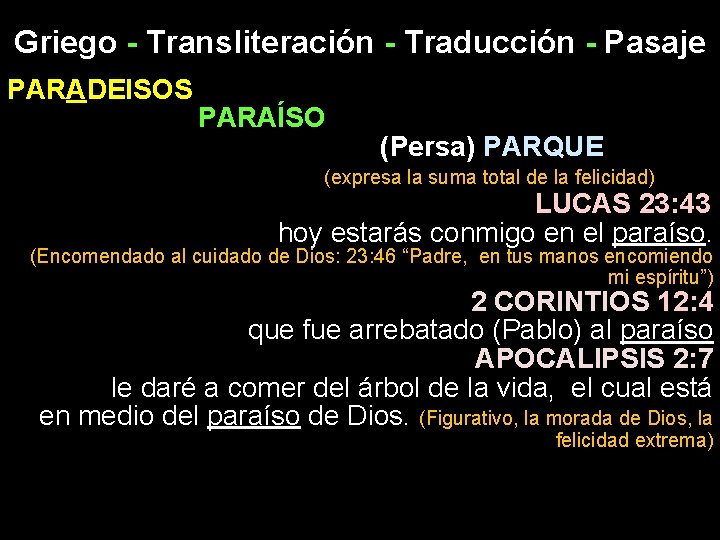 Griego - Transliteración - Traducción - Pasaje PARADEISOS PARAÍSO (Persa) PARQUE (expresa la suma