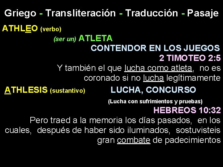 Griego - Transliteración - Traducción - Pasaje ATHLEO (verbo) ATLETA CONTENDOR EN LOS JUEGOS