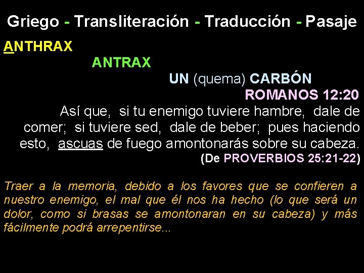Griego - Transliteración - Traducción - Pasaje ANTHRAX ANTRAX UN (quema) CARBÓN ROMANOS 12: