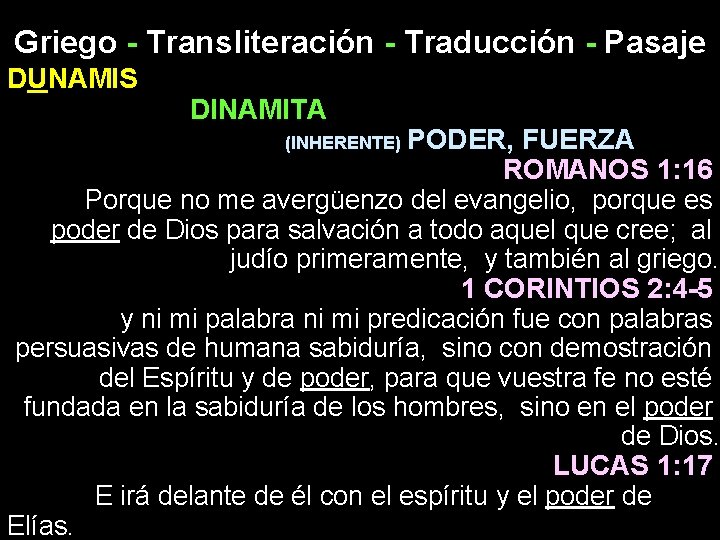 Griego - Transliteración - Traducción - Pasaje DUNAMIS DINAMITA PODER, FUERZA ROMANOS 1: 16