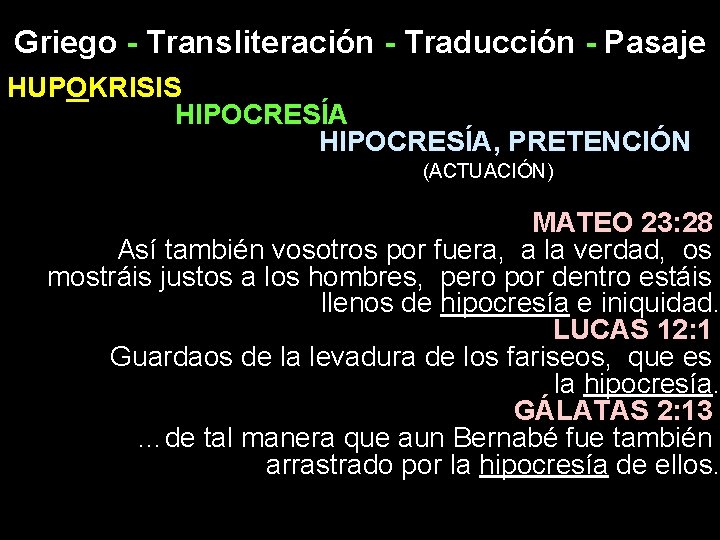 Griego - Transliteración - Traducción - Pasaje HUPOKRISIS HIPOCRESÍA, PRETENCIÓN (ACTUACIÓN) MATEO 23: 28