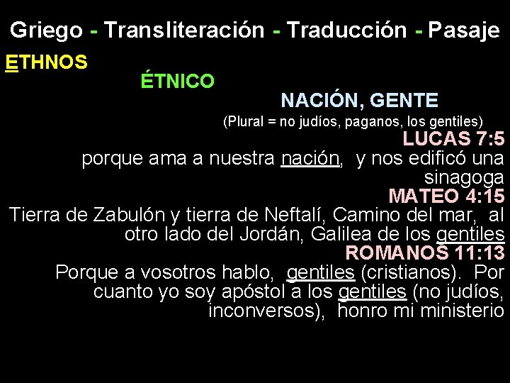 Griego - Transliteración - Traducción - Pasaje ETHNOS ÉTNICO NACIÓN, GENTE (Plural = no