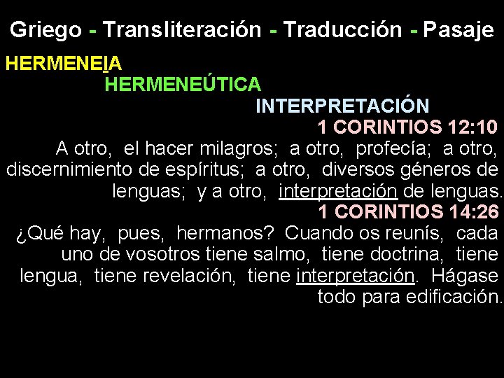 Griego - Transliteración - Traducción - Pasaje HERMENEIA HERMENEÚTICA INTERPRETACIÓN 1 CORINTIOS 12: 10