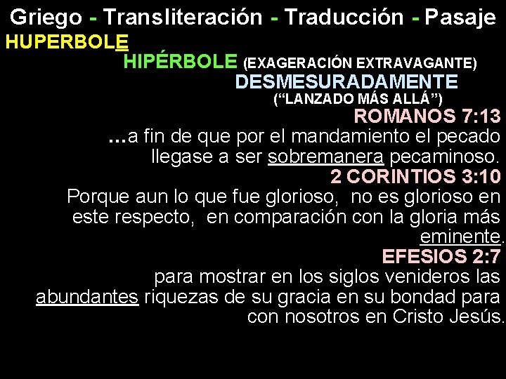 Griego - Transliteración - Traducción - Pasaje HUPERBOLE HIPÉRBOLE (EXAGERACIÓN EXTRAVAGANTE) DESMESURADAMENTE (“LANZADO MÁS