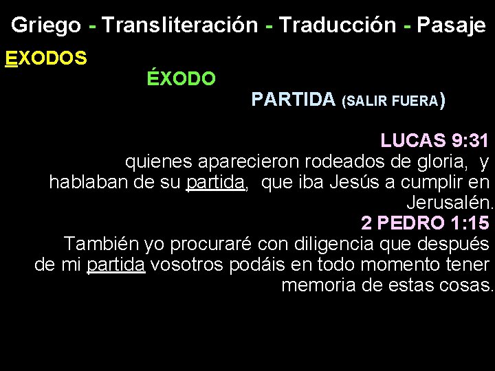 Griego - Transliteración - Traducción - Pasaje EXODOS ÉXODO PARTIDA (SALIR FUERA) LUCAS 9: