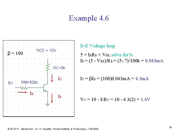 Example 4. 6 B-E Voltage loop b = 100 5 = IBRB + VBE,