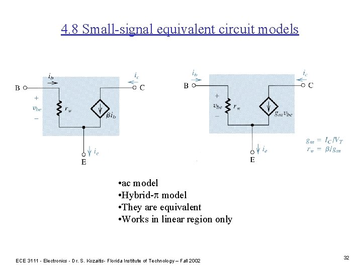 4. 8 Small-signal equivalent circuit models • ac model • Hybrid-p model • They
