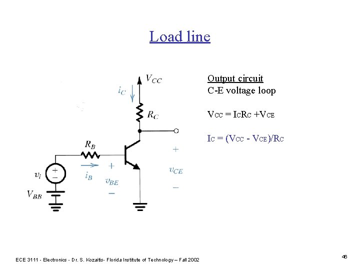 Load line Output circuit C-E voltage loop VCC = ICRC +VCE IC = (VCC