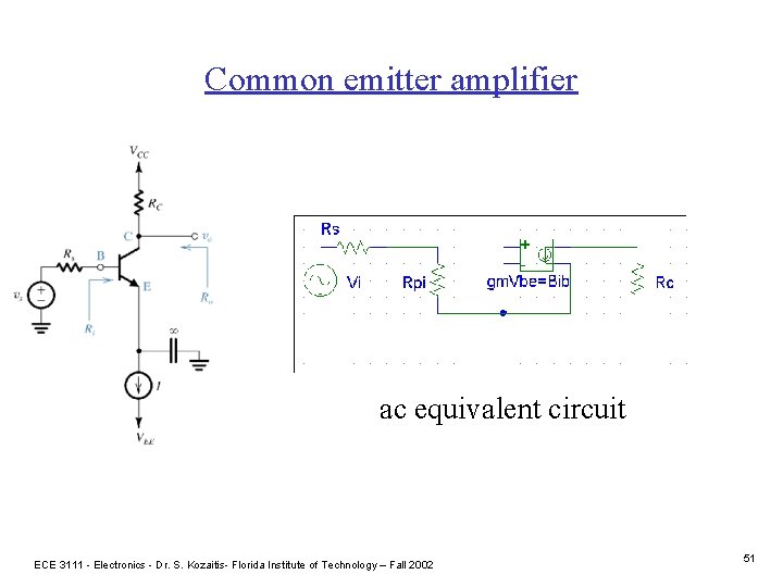 Common emitter amplifier ac equivalent circuit ECE 3111 - Electronics - Dr. S. Kozaitis-
