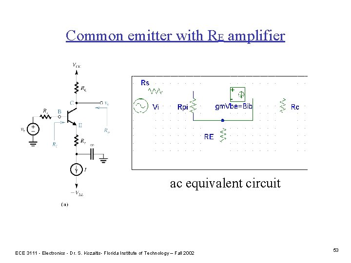 Common emitter with RE amplifier ac equivalent circuit ECE 3111 - Electronics - Dr.