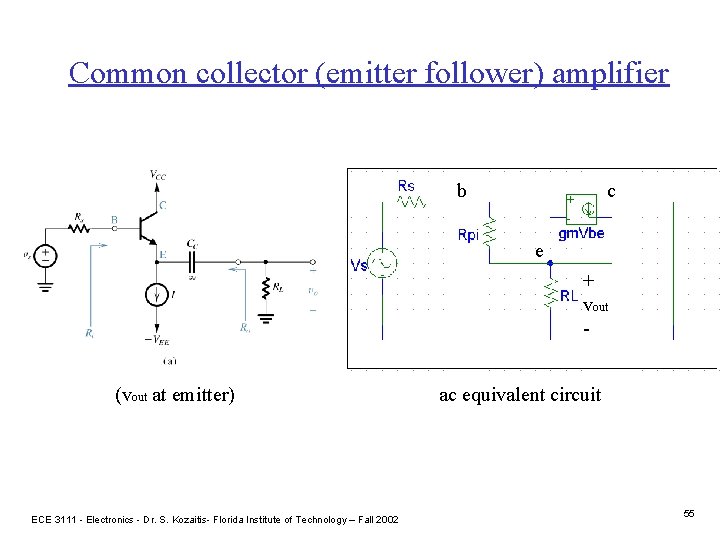 Common collector (emitter follower) amplifier b c e + vout - (vout at emitter)