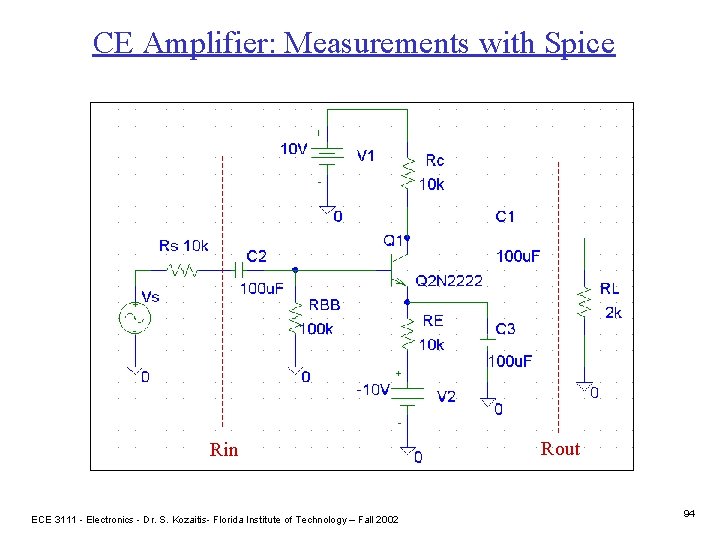 CE Amplifier: Measurements with Spice Rin ECE 3111 - Electronics - Dr. S. Kozaitis-
