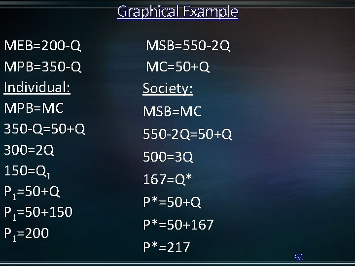 Graphical Example MEB=200 -Q MPB=350 -Q Individual: MPB=MC 350 -Q=50+Q 300=2 Q 150=Q 1