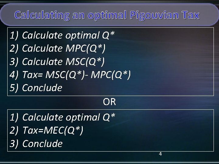 Calculating an optimal Pigouvian Tax 1) 2) 3) 4) 5) Calculate optimal Q* Calculate