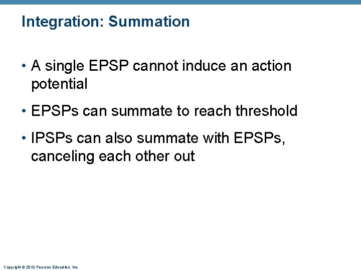 Integration: Summation • A single EPSP cannot induce an action potential • EPSPs can