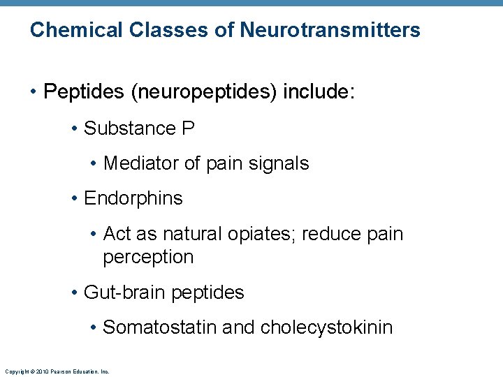 Chemical Classes of Neurotransmitters • Peptides (neuropeptides) include: • Substance P • Mediator of