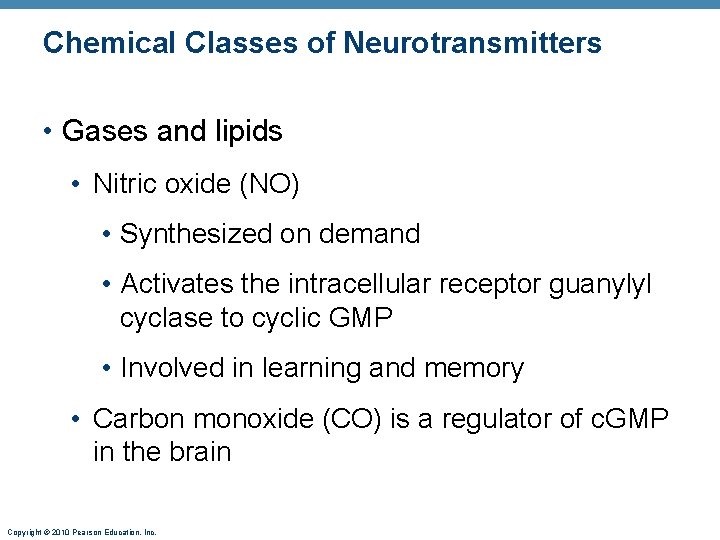 Chemical Classes of Neurotransmitters • Gases and lipids • Nitric oxide (NO) • Synthesized