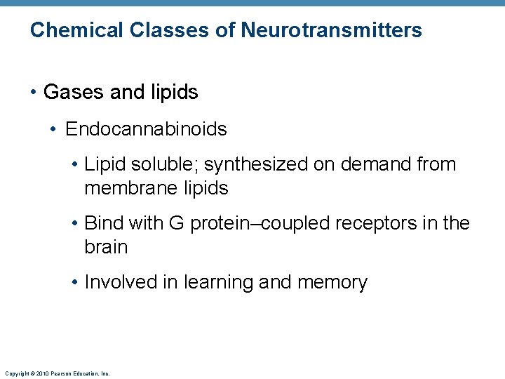 Chemical Classes of Neurotransmitters • Gases and lipids • Endocannabinoids • Lipid soluble; synthesized