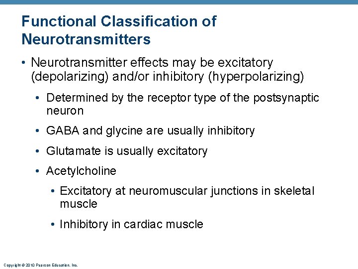 Functional Classification of Neurotransmitters • Neurotransmitter effects may be excitatory (depolarizing) and/or inhibitory (hyperpolarizing)