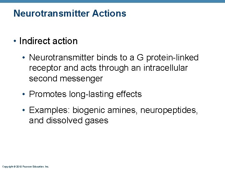 Neurotransmitter Actions • Indirect action • Neurotransmitter binds to a G protein-linked receptor and