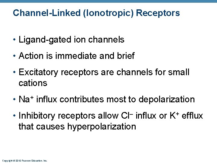 Channel-Linked (Ionotropic) Receptors • Ligand-gated ion channels • Action is immediate and brief •