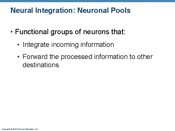 Neural Integration: Neuronal Pools • Functional groups of neurons that: • Integrate incoming information