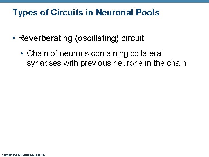 Types of Circuits in Neuronal Pools • Reverberating (oscillating) circuit • Chain of neurons