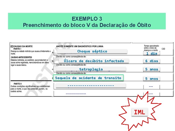 EXEMPLO 3 Preenchimento do bloco V da Declaração de Óbito Choque séptico 1 dia