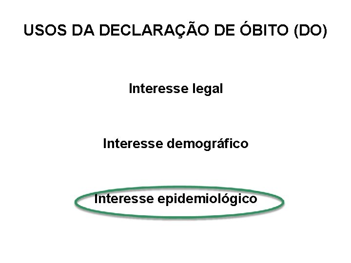 USOS DA DECLARAÇÃO DE ÓBITO (DO) Interesse legal Interesse demográfico Interesse epidemiológico 