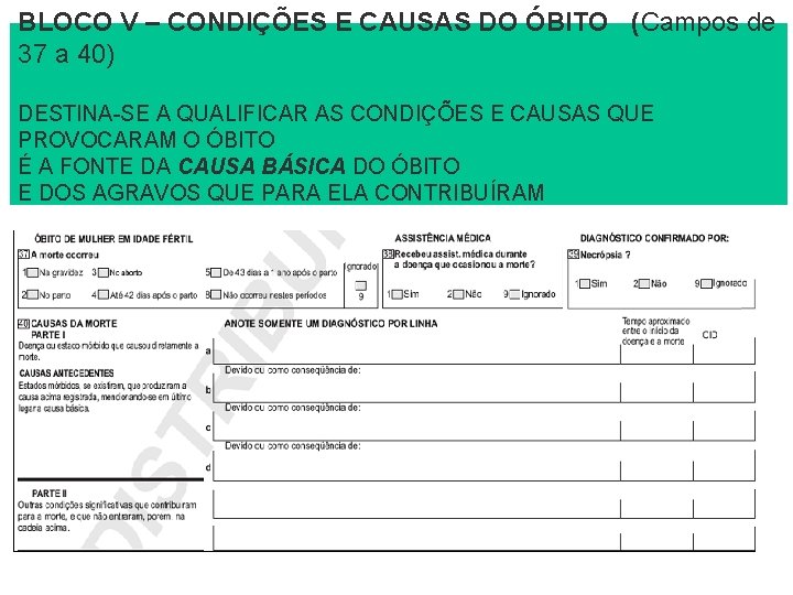 BLOCO V – CONDIÇÕES E CAUSAS DO ÓBITO (Campos de 37 a 40) DESTINA-SE