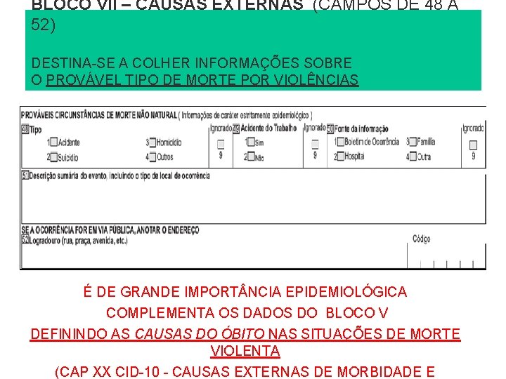 BLOCO VII – CAUSAS EXTERNAS (CAMPOS DE 48 A 52) DESTINA-SE A COLHER INFORMAÇÕES