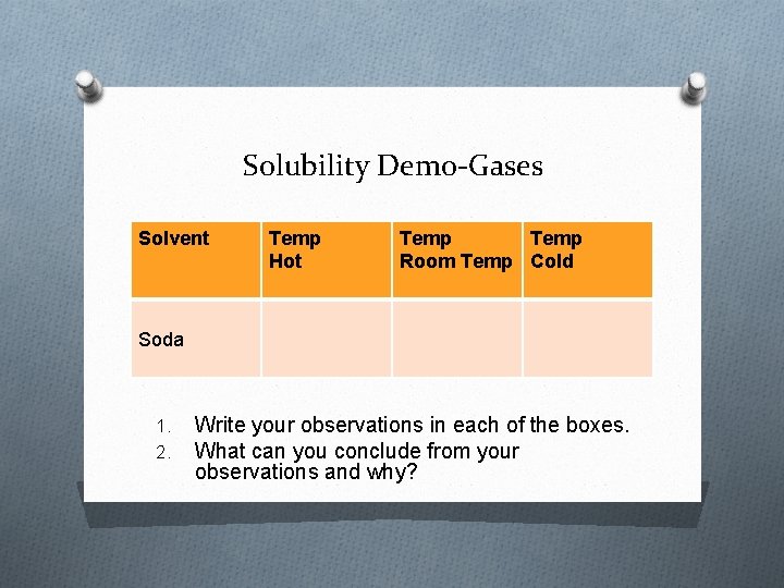 Solubility Demo-Gases Solvent Temp Hot Temp Room Temp Cold Soda 1. 2. Write your