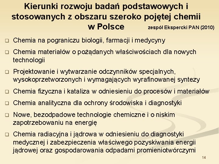 Kierunki rozwoju badań podstawowych i stosowanych z obszaru szeroko pojętej chemii zespół Ekspercki PAN