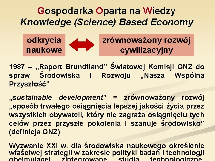 Gospodarka Oparta na Wiedzy Knowledge (Science) Based Economy odkrycia naukowe zrównoważony rozwój cywilizacyjny 1987