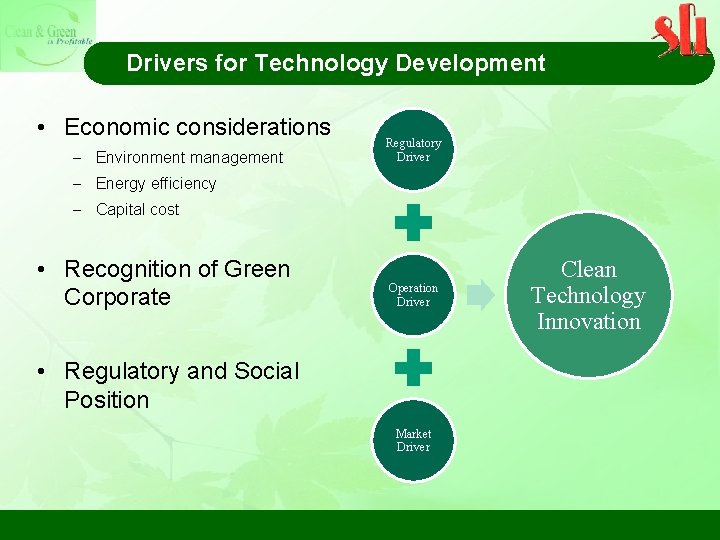 Drivers for Technology Development • Economic considerations – Environment management Regulatory Driver – Energy