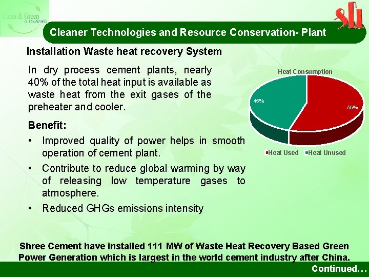 Cleaner Technologies and Resource Conservation- Plant Installation Waste heat recovery System In dry process