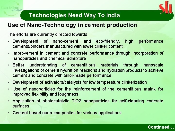 Technologies Need Way To India Use of Nano-Technology in cement production The efforts are