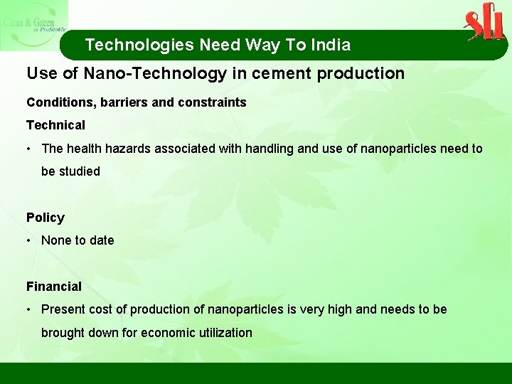 Technologies Need Way To India Use of Nano-Technology in cement production Conditions, barriers and