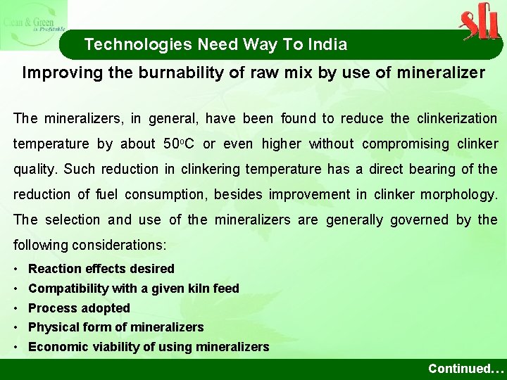 Technologies Need Way To India Improving the burnability of raw mix by use of