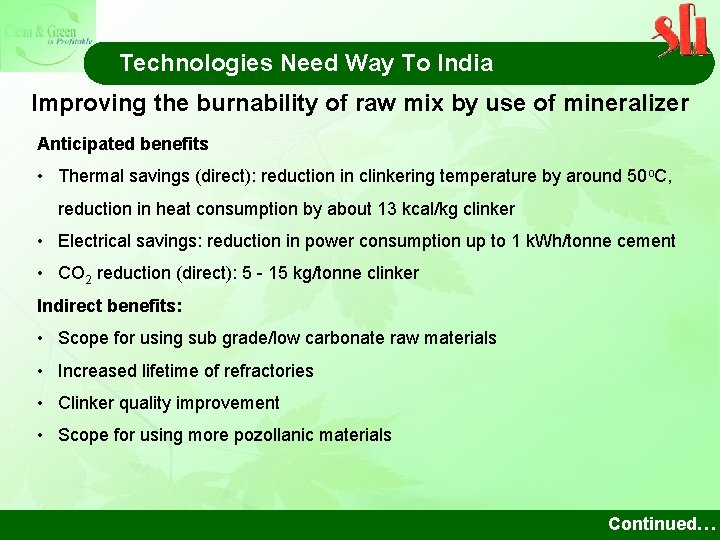 Technologies Need Way To India Improving the burnability of raw mix by use of