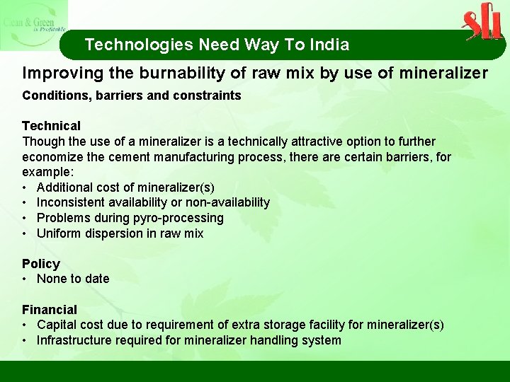 Technologies Need Way To India Improving the burnability of raw mix by use of