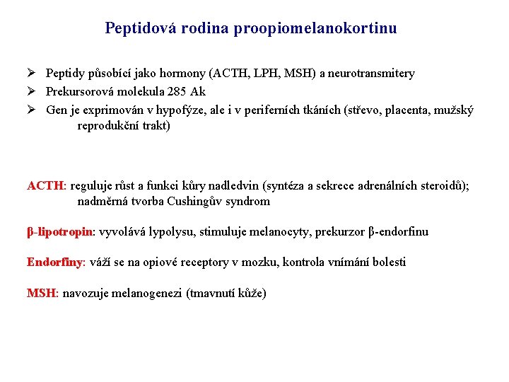 Peptidová rodina proopiomelanokortinu Ø Peptidy působící jako hormony (ACTH, LPH, MSH) a neurotransmitery Ø