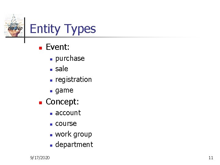 IST 210 Entity Types n Event: n n n purchase sale registration game Concept: