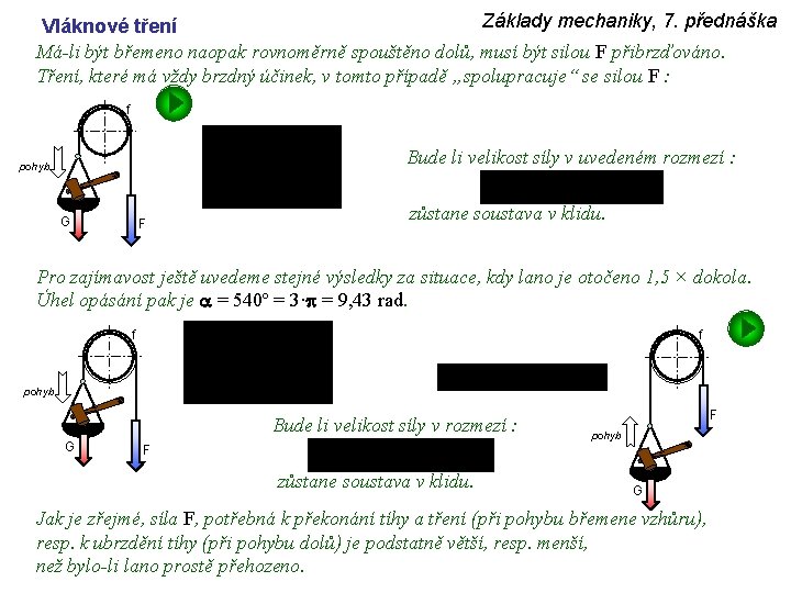 Základy mechaniky, 7. přednáška Vláknové tření Má-li být břemeno naopak rovnoměrně spouštěno dolů, musí