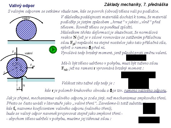 Základy mechaniky, 7. přednáška Valivý odpor S valivým odporem se setkáme všude tam, kde