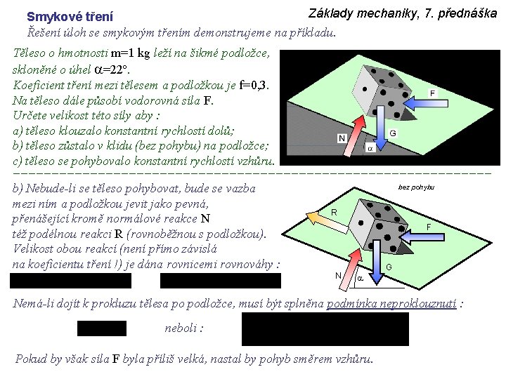 Základy mechaniky, 7. přednáška Smykové tření Řešení úloh se smykovým třením demonstrujeme na příkladu.