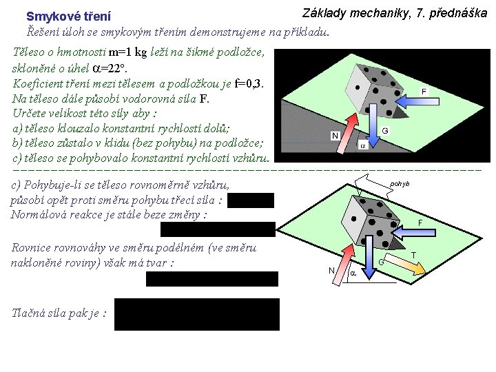 Základy mechaniky, 7. přednáška Smykové tření Řešení úloh se smykovým třením demonstrujeme na příkladu.