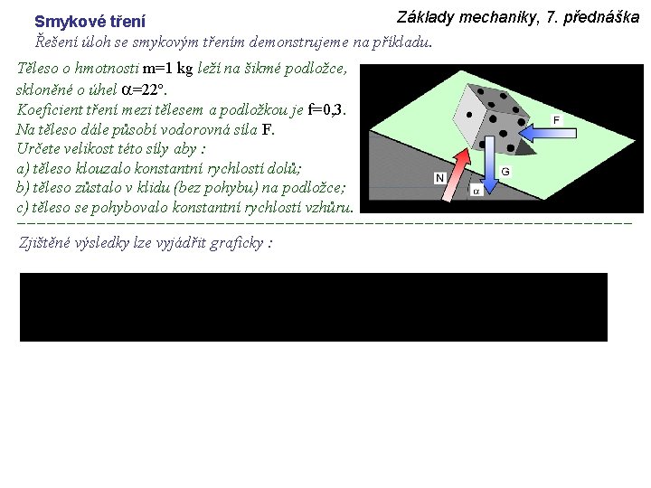 Základy mechaniky, 7. přednáška Smykové tření Řešení úloh se smykovým třením demonstrujeme na příkladu.