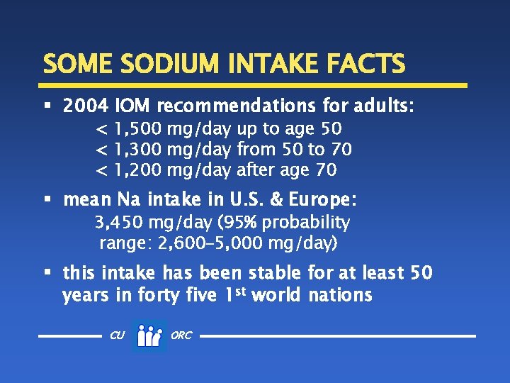 SOME SODIUM INTAKE FACTS § 2004 IOM recommendations for adults: < 1, 500 mg/day
