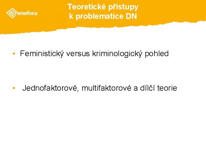 Teoretické přístupy k problematice DN • Feministický versus kriminologický pohled • Jednofaktorové, multifaktorové a